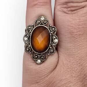 Amber Brown Faceted Filigree Scroll Gold Ring Victorian Revival Romantic Gothic
